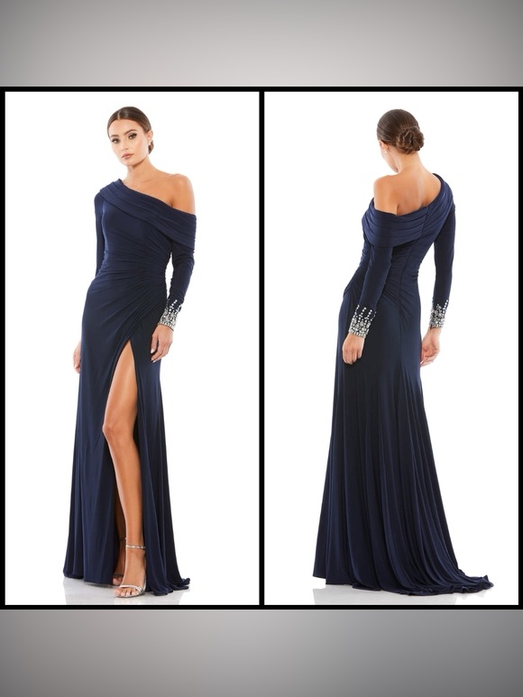 Lnwot Betsy & Adam Navy Blue One-Shoulder Gown With Embellished Cuffs - Size 10